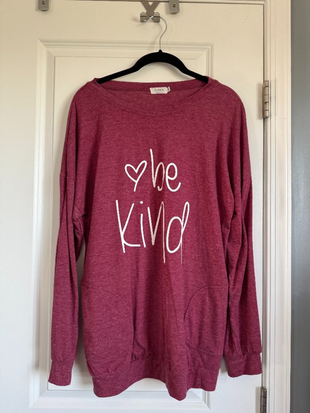 Lalala Be Kind Heart Long Sleeve Tunic Sweatshirt Pockets Pink Teacher Size M